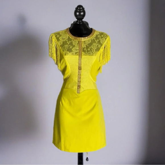 MARKED DOWN The Clothing Co Mini Cocktail Dress Glam Yellow Embellished Fringe - Picture 6 of 9